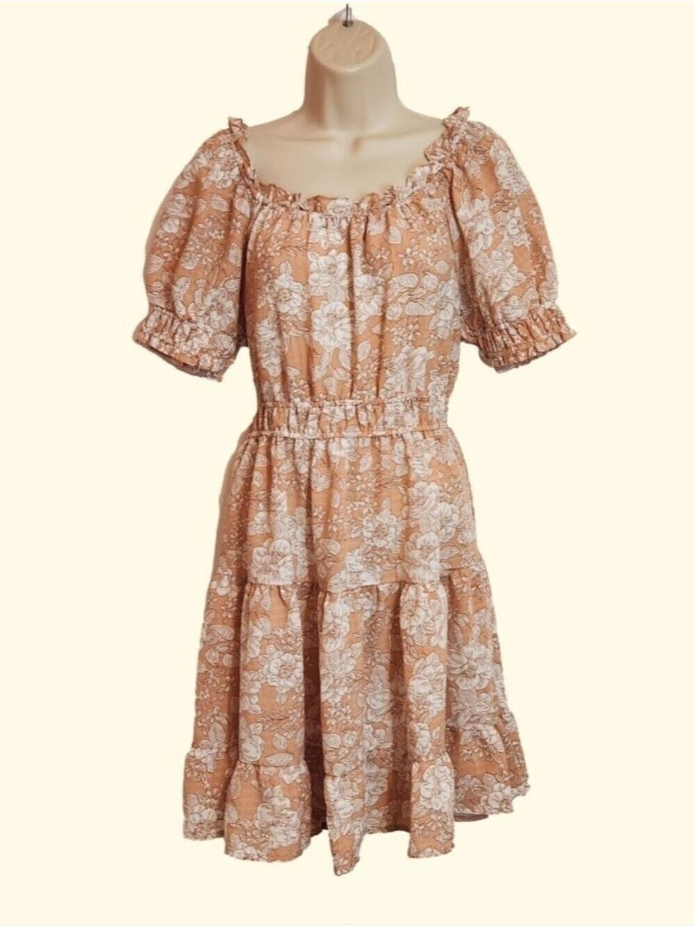 Blu Pepper Mini Dress Peach White Floral Puff Sleeve Medium - Picture 1 of 9